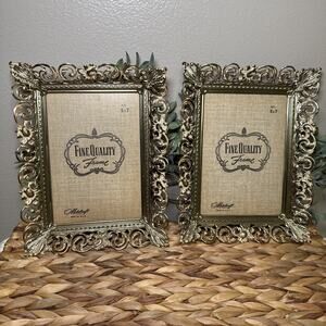 Vintage Pair Ornate Gold Cream Metal Filigree 5x7 Picture Frames Wall Hanging